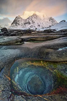 Norge Prints: Uttakleiv beach with a famous eye of dragon in foreground