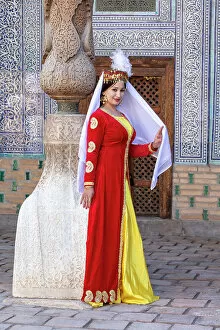 Images Dated 29th November 2022: Uzbekistan, Khiva, , Harem of the Tash Kauli complex, an Uzbek performer dressed in traditional