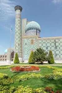 Silk Route Prints: Uzbekistan, Samarkand, Registan square garden and minaret