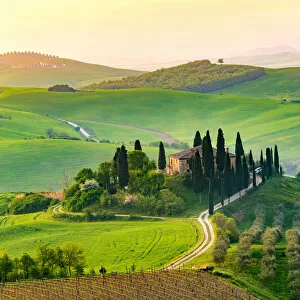 Images Dated 12th September 2017: Val d Orcia, Tuscany, Italy. A lonely farmhouse with cypress and olive trees