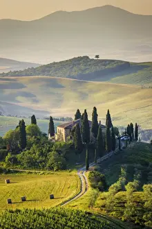 Val d Orcia, Tuscany, Italy. A lonely farmhouse with cypress and olive trees