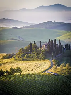 Val d Orcia, Tuscany, Italy. A lonely farmhouse with cypress and olive trees