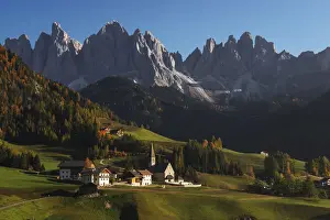 Val di Funes overlooking the Odle mountain range in the Dolomites, Italy