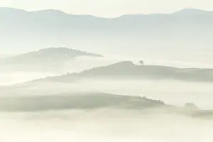 Val Dorcia Prints: Val d'Orcia shrouded in mist at dawn, San Quirico d'Orcia, Tuscany, Italy