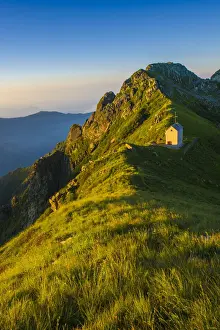 Crest Prints: Val Grande, Piedmont, Italy. Landscape with mountain hut at sunrise