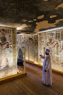 Images Dated 14th May 2020: Valley of the Kings, burial chamber decorated with bas-relief in the tomb of Ramses IX