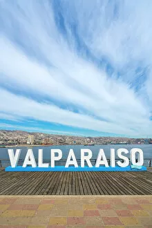 Republic Of Chile Gallery: Valparaiso sign with city in background, Baron pier, Valparaiso, Valparaiso Province