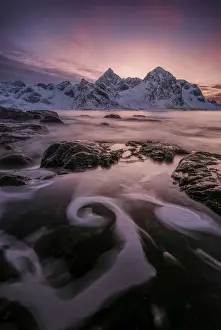 Western Prints: Vareid beach during a winter sunset in Lofoten islands, Norway
