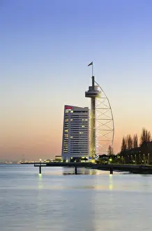 Tejo River Prints: Vasco da Gama Tower at dusk, the highest building in Portugal