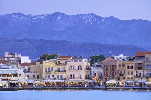 The Venetian Harbour at Dusk, Chania, Crete, Greek Islands, Greece, Europe