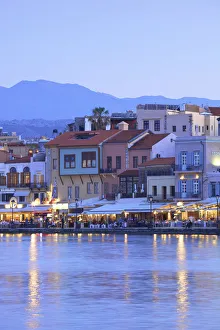 The Venetian Harbour at Dusk, Chania, Crete, Greek Islands, Greece, Europe