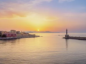 Venetian Harbour at sunset, elevated view, City of Chania, Crete, Greece