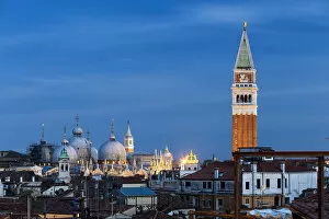 Venice roofs with St Mark Basilica, San Giorgio Maggiore and St Mark bell tower. Venice