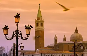 Venice, Veneto, Italy; Along the bacino the San Marco detail of San Giorgio Maggiore in the background