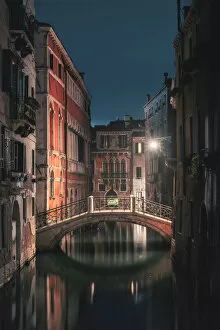 Venice, Veneto, Italy. Backstreet canals in San Marco at night