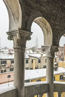 Venice, Veneto, Italy. Contarini del Bovolo staircase during a snowfall