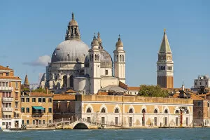 Venice, Veneto, Italy. Dorsoduro skyline with Campanile di San Marco and Salute basilica