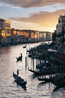 Rowing Prints: Venice, Veneto, Italy. Gondolas along the Canal Grande at sunset