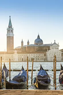 Images Dated 18th January 2018: Venice, Veneto, Italy. Gondolas moored in Riva degli Schiavoni and San Giorgio Maggiore