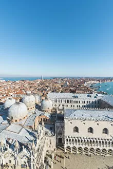 Venice, Veneto, Italy. High angle view over St Marks Basilica and Doges Palace