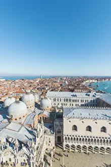 Ducal Palace Prints: Venice, Veneto, Italy. High angle view over St Marks Basilica and Doges Palace