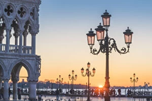 Venice, Veneto, Italy. Iconic street lamps of Piazzetta San Marco and Doges palace