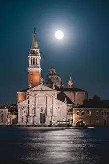 Venice, Veneto, Italy. Moonrise over San Giorgio Maggiore island