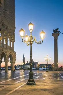 Venice, Veneto, Italy. Piazzetta San Marco and Doges palace at dusk