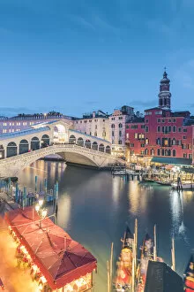Venice, Veneto, Italy. Rialto bridge and Grand Canal at dusk