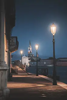 Street Lamps Prints: Venice, Veneto, Italy. Riverside alley in Dorsoduro and San Giorgio church in