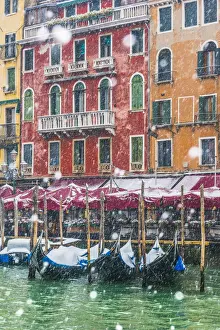 Venice, Veneto, Italy. Snowfall over moored gondolas along the Grand Canal (Canal Grande)