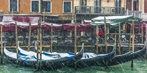 Venice, Veneto, Italy. Snowfall over moored gondolas along the Grand Canal (Canal Grande)