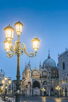 St Marks Square Gallery: Venice, Veneto, Italy. St Marks Basilica at dusk from Piazzzetta San Marco