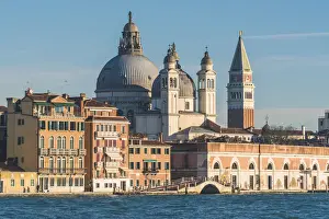 Venice, Veneto, Italy. St Marks Campanile and Salute (St Mary of Health)