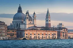Venice, Veneto, Italy. St Marks Campanile and Salute (St Mary of Health) Basilica