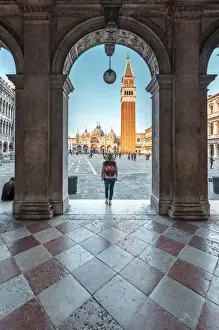 Bell Prints: Venice, Veneto, Italy. Woman tourist looking at St Marks Square