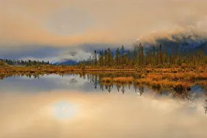 Images Dated 20th April 2023: Vermillion Lakes shrouded in fog at sunrise, Banff National Park, Alberta, Canada