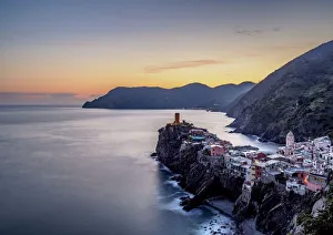 Vernazza at sunset, elevated view, Cinque Terre, UNESCO World Heritage Site, Liguria