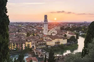 Adige Gallery: Verona, Veneto, Italy. High angle view of Ponte Pietra (Stone Bridge) and the old