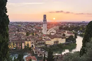 Famous Place Prints: Verona, Veneto, Italy. High angle view of Ponte Pietra (Stone Bridge) and the old