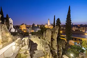 Verona Prints: Verona, Veneto, Italy. The Roman archeologic site with Verona in the backgroun