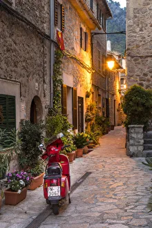 Vespa in the street in Valldemossa, Serra de Tramuntana, Mallorca (Majorca), Balearic