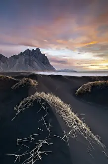 Black Sand Prints: Vestrahorn and black sand at sunrise, Stokksnes peninsula, Hofn, Austurland, Iceland