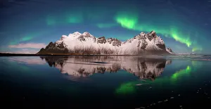 Aurora Prints: Vestrahorn mountain under the aurora borealis, South eastern Iceland