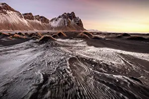 Southeast Iceland Prints: Vestrahorn mountain in winter, from the black sand beach and dune at Stokksnes