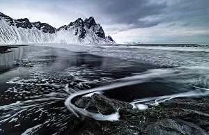Southeast Iceland Prints: Vestrahorn mountain in winter, from the black sand beach at Stokksnes, Southeast Iceland