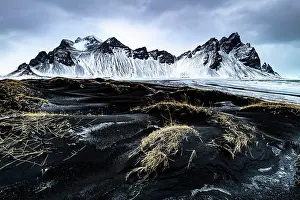 Southeast Iceland Prints: Vestrahorn mountain in winter, from the black sand grassy dunes