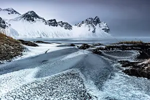 Southeast Iceland Prints: Vestrahorn mountain in winter, from the frozen black sand beach covered in ice and snow
