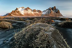 Dunes Prints: Vestrahorn mountain in winter, from the grassy black sand dunes