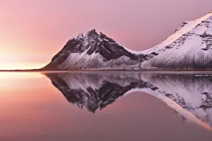 Long Exposure Prints: The Vestrahorn reflected in the bay during a winter sunrise, Austurland, Southern Iceland